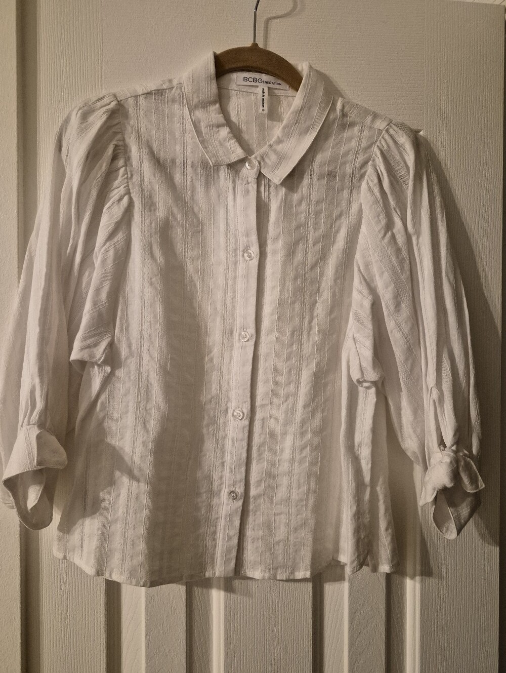 BCBGeneration button-down blouse, optic white, puff sleeves NWT